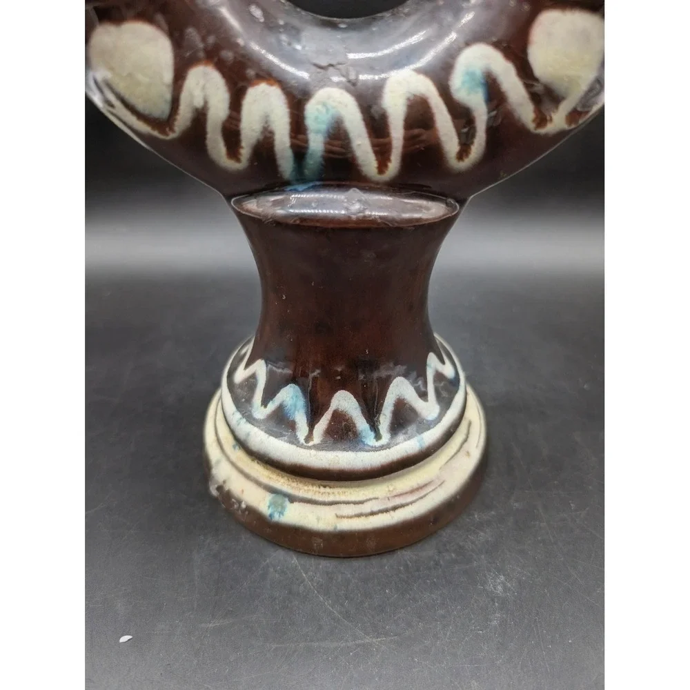 Nittsjo Sweden Thomas Hellstrom 6222 Brown Glazed Pottery Double Candle Holder